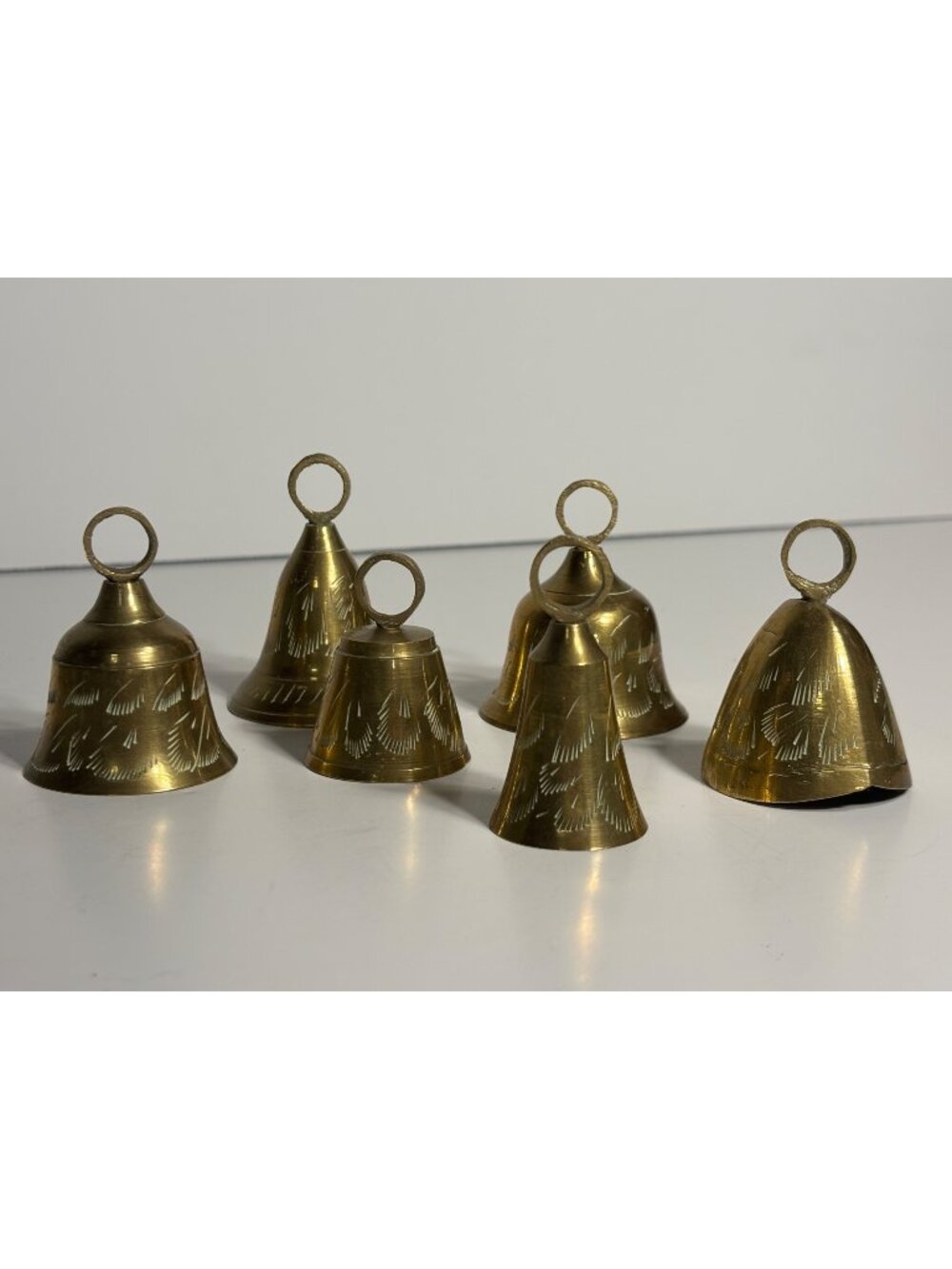 Vintage Brass Hand Bells Set of 6 – Etched Feather Design – Made in India